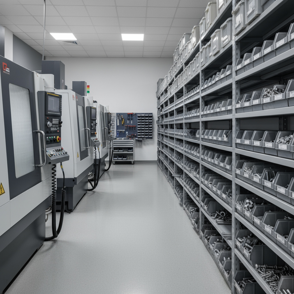 Industrial workshop with CNC machines and metal fasteners