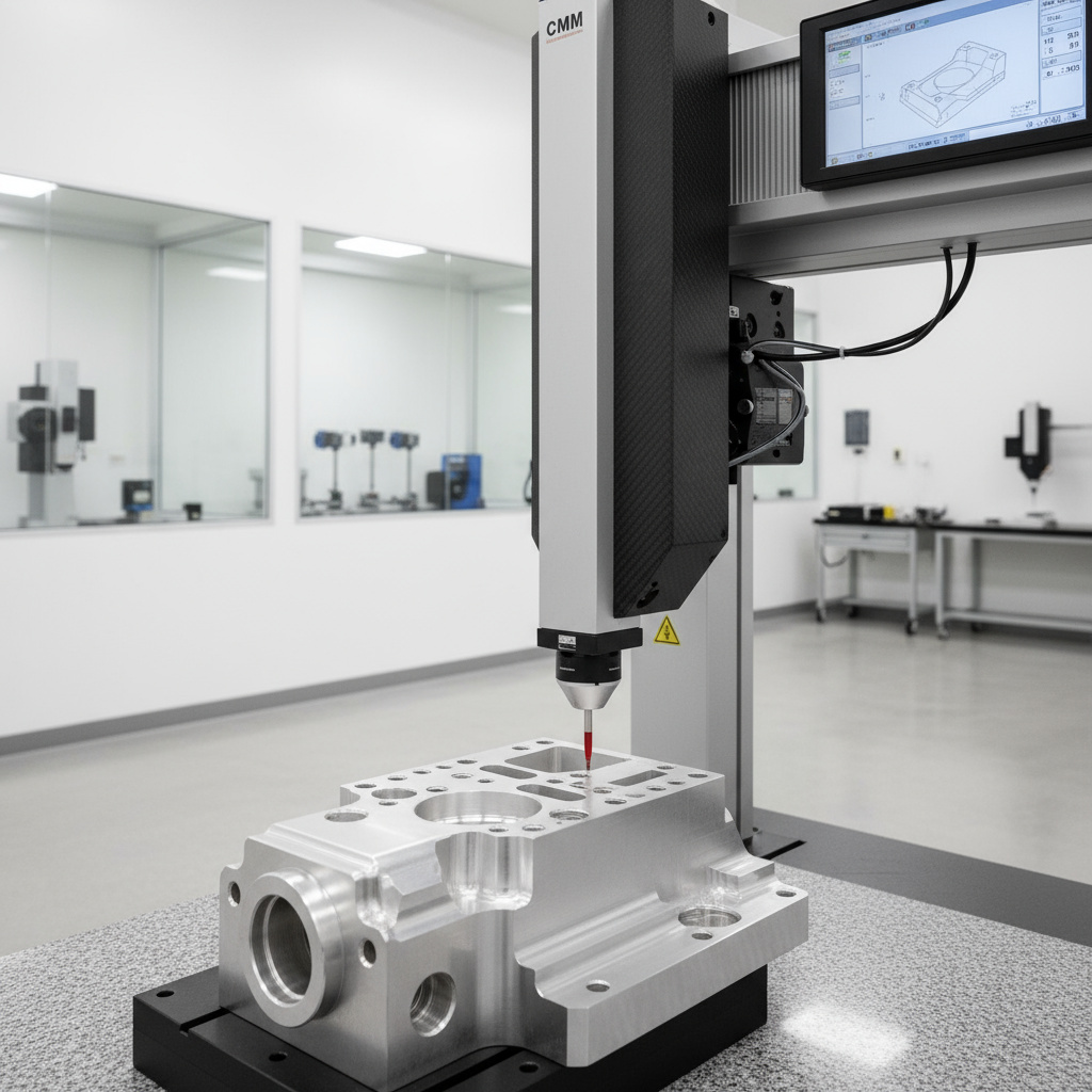 Coordinate measuring machine inspecting a machined metal part