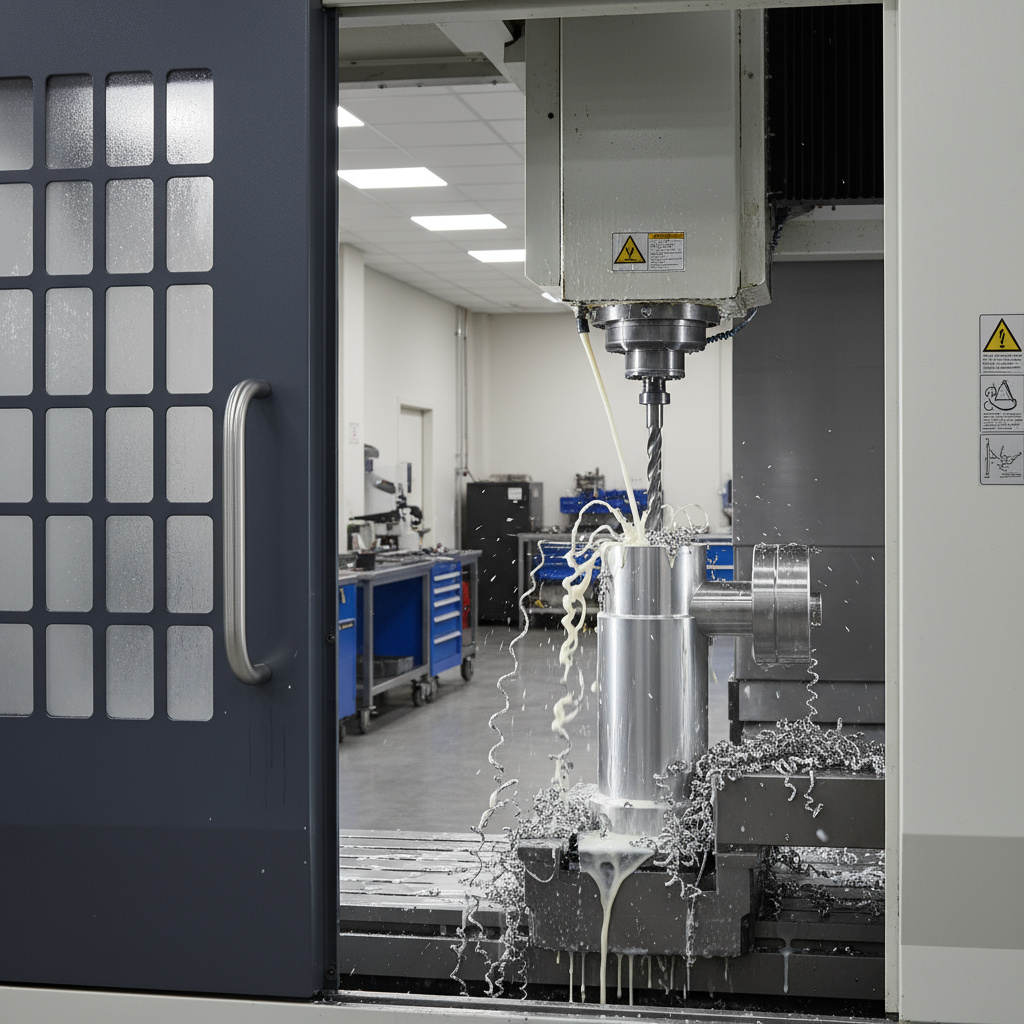 CNC milling machine cutting a metal component