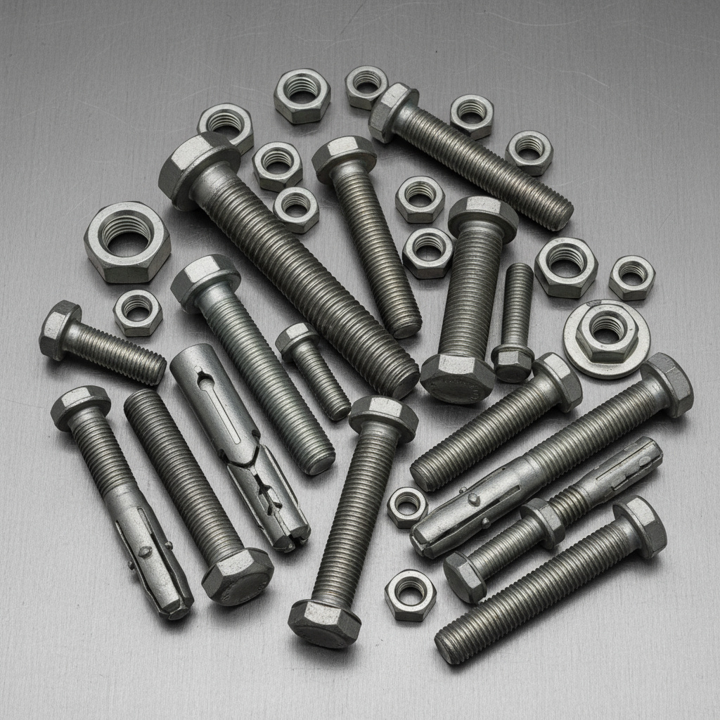 Assorted industrial fasteners on a metal surface
